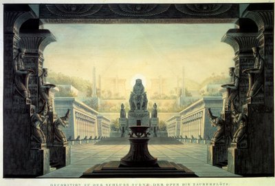 Decorado teatral: Decorado para la ópera La flauta mágica (Die Zauberflöte) de Wolfgang Amadeus Mozart, sobre un libreto de Emanuel Schikaneder de Karl Friedrich Schinkel