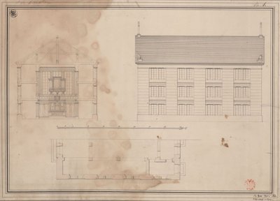 Tillendorf (Bolesławice, distrito de Liegnitz). Proyecto para la iglesia protestante. Planta, alzado de la fachada lateral y sección transversal de Karl Friedrich Schinkel