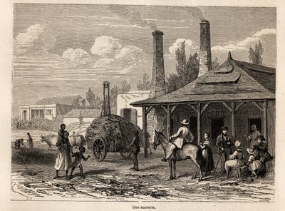 Una fábrica de azúcar de la Rivière du Rempart, en Mauricio, dibujo de Karl Girardet (1813-1871), para ilustrar la estancia de Alfred Verney en Mauricio en 1861. Grabado en "Le tour du monde", editado por Edouard Charton de Karl Girardet