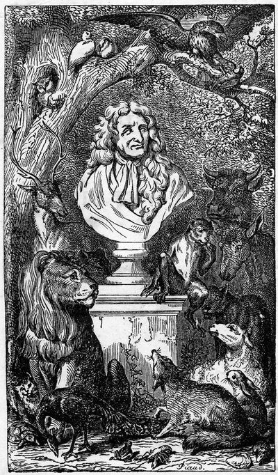 Busto alegórico de Jean de La Fontaine, rodeado de animales; frontispicio de un libro de las Fábulas de la Fontaine de Karl Girardet