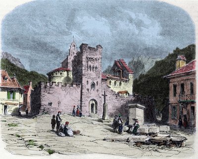 Iglesia de los Caballeros de la Orden del Templo (Templarios) en Luz Saint Saviour (Luz-Saint-Sauveur o Luz St Saviour, Luz-St-Sauveur). Dibujo de Karl Girardet (1813-1871) de Karl Girardet
