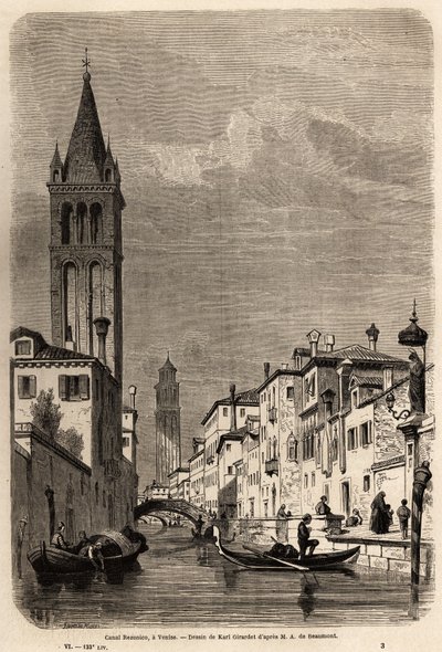 El Canal Rezonico, dibujo de Karl Girardet (1813-1871), para ilustrar el viaje de Adalbert de Beaumont a Venecia, circa 1850. Grabado en “Le tour du monde”, editado por Edouard Charton de Karl Girardet
