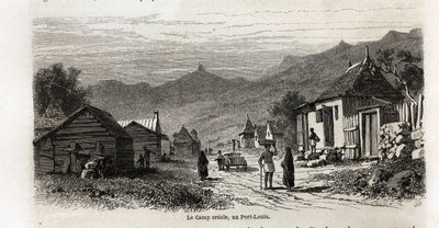 El campamento criollo, en Port Louis, dibujo de Karl Girardet para ilustrar la estancia de Alfred Verney en Mauricio en 1861. Grabado en 
