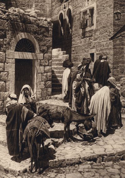 Belén, escena de mercado (foto en blanco y negro) de Karl Grober