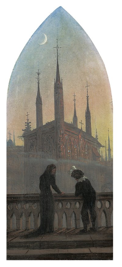 Personas con vestimenta antigua alemana contemplando una ciudad medieval de Karl Gustav Carus