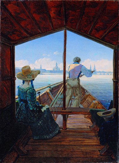 ""Mañana en el Elba"" viaje en barco por el Elba cerca de Dresde (Barcaza de viaje en el Elba cerca de Dresde (Mañana en el Elba) Pintura de Carl Gustav Carus (1789-1869) Óleo sobre lienzo 1827 Dim 29x22 cm Museo Kunstpalast, Düsseldorf de Karl Gustav Carus