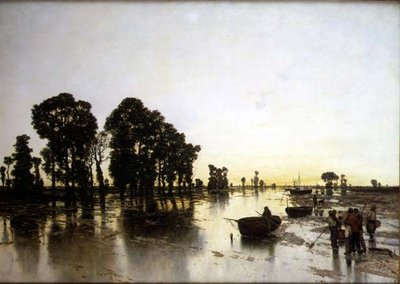 Un extenso paisaje inundado con campesinos de Karl Heffner