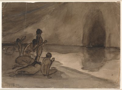 Personas desnudas en la orilla de Aurvangaland viendo llegar el barco con Heimdal de Karl Isakson
