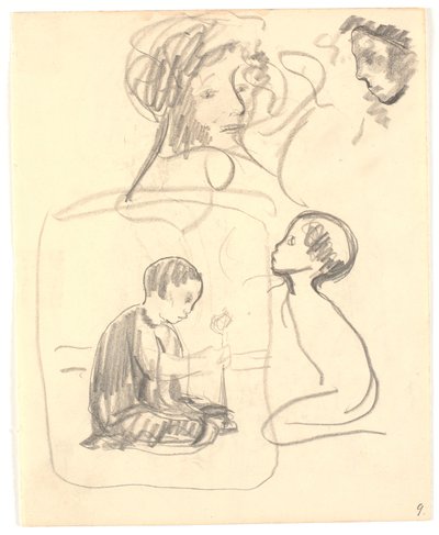 Dos bocetos para "Niño plantando" ("Hoppat"), arriba dos cabezas de mujer de Karl Isakson