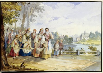 Chicas campesinas rusas con vestido de fiesta. Obra de Karl Ivanovich Kolmann (1786-1846), acuarela sobre cartón de Karl Ivanovich Kolmann