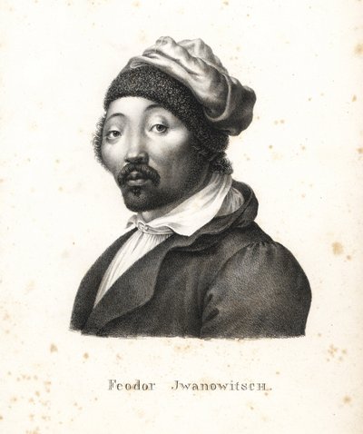 Feodor Jwanowitsch, nómada kalmyk secuestrado por los rusos que más tarde se convirtió en pintor y grabador en cobre. Litografía de Karl Joseph Brodtmann de la Historia natural ilustrada de hombres y animales de Heinrich Rudolf Schinz. de Karl Joseph Brodtmann