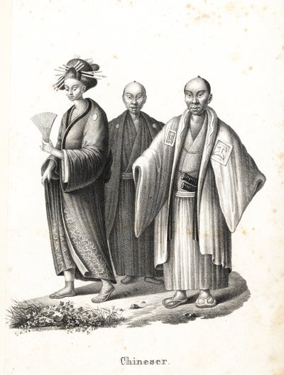 Oiran y samurai japoneses. Cortesana japonesa en kimono con abanico y adornos en el pelo, y dos samuráis japoneses con peinado chonmage que llevan montsuki sobre hakama con dos espadas (katana) al cinto. (Titulado chino por error.) Litografía de Karl Josep de Karl Joseph Brodtmann
