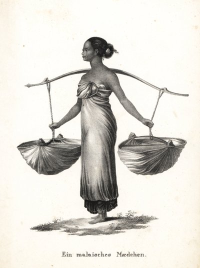 Niña malaya con el pelo recogido llevando zapatillas de un yugo. Litografía de Karl Joseph Brodtmann de la Historia natural ilustrada de hombres y animales de Heinrich Rudolf Schinz. de Karl Joseph Brodtmann