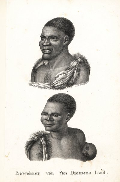 Nativos de Tasmania, Tierra de Van Diemen. Grou Aagara, hombre con escarificación en el pecho y capa de piel de animal, y Arra-Maida, mujer con niño a la espalda en papoose de canguro. Los nativos de Tasmania fueron exterminados por los colonos. Copiado de de Karl Joseph Brodtmann