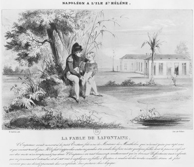 Napoleón I (1769-1821) en la isla de Santa Elena, explicando las Fábulas de Jean de La Fontaine a Tristan de Montholon, grabado por Villain de Karl Loeillot Hartwig