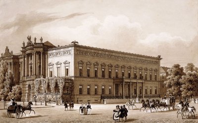 Unter den Linden, Berlín. El Palacio del Príncipe Wilhelm, construido por Karl Langhans en 1834-36, y la Biblioteca Real, construida por Georg Christian Unger 1775-78 según los planos de Josef Emanuel Fischer von Erlach, con vista a la Plaza del Teatro de  de Karl Loeillot Hartwig