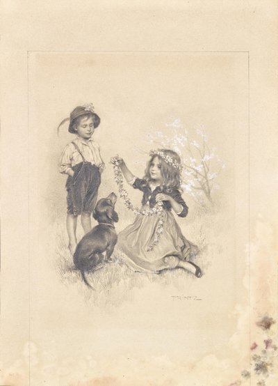 Dos niños jugando en un prado con flores y un perro salchicha de Karl Ludwig Prinz
