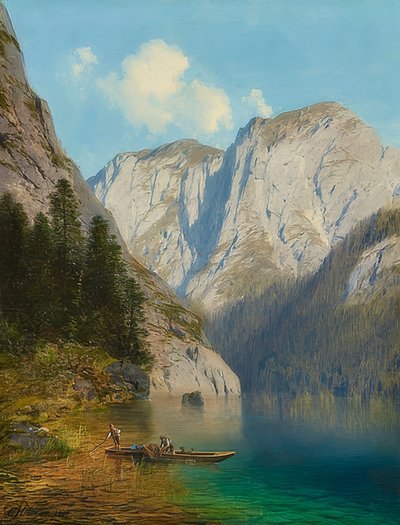Pescadores en una barca en la orilla de un lago de montaña de Karl Millner