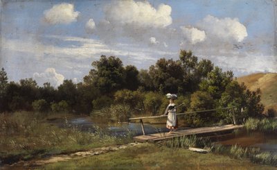Paisaje de verano con una lavandera en un puente de Karl Millner
