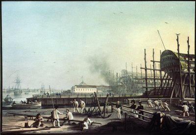 El astillero Admiralty en San Petersburgo (San Petersburgo). (El astillero naval del almirantazgo en San Petersburgo). Pintura de Karl Petrovich Beggrov (1799-1875). Óleo sobre lienzo, arte ruso del siglo XIX. Museo Estatal Ruso, San Petersburgo. de Karl Pavlovich Beggrov