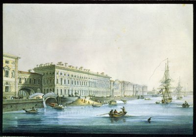 Vista del terraplén del palacio en San Petersburgo. Pintura de Karl Petrovich Beggrov (1799-1875). Acuarela y tinta sobre papel, hacia 1830, arte ruso del siglo XIX, clasicismo. Museo Estatal Ruso, San Pet de Karl Pavlovich Beggrov