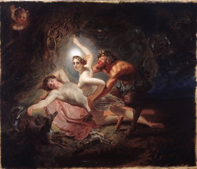 Diane, Endymion et un satyre (Diana, Endymion y un sátiro) - Pintura de Karl Pavlovich Briullov (1799-1852), huile sur carton de Karl Pavlovich Bryullov
