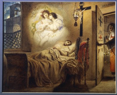 Pesadilla de una monja. Una joven monja dormida, soñando con una aventura amorosa, mientras la madre superiora abre la puerta de su celda. Obra de Karl Pavlovich Briullov (1799-1852), acuarela sobre cartón de Karl Pavlovich Bryullov