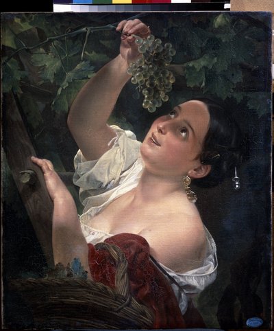 Mi journee italienne (mediodía italiano). Mujer joven con el hombro desnudo recogiendo un racimo de uvas - Pintura de Karl Pavlovich Briullov (Briullov) (1799-1852) - Óleo sobre lienzo de Karl Pavlovich Bryullov