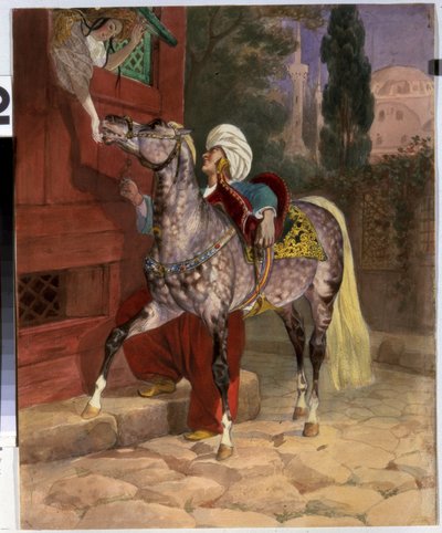 Cita en Constantinopla (actual Estambul, Turquía). Un joven con turbante corteja a una joven que se asoma a la ventana para ofrecer azúcar a su caballo. Al fondo, la basílica y la mezquita de Santa Sofía. Obra de Karl Pavlovich de Karl Pavlovich Bryullov