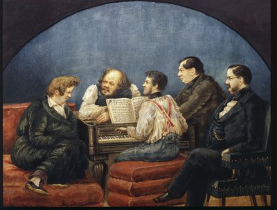 El compositor Michail I Glinka y sus amigos) (Retrato de grupo de K Briullov, M Glinka, Y Yanenko, N Kukolnik) de Karl Pavlovich Bryullov