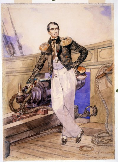 Vladimir Alekseyevich Kornilov 1806-1854) a bordo del bergantín Themistocle. Oficial naval y jefe de estado mayor de la flota del Mar Negro, héroe de la Guerra de Crimea (1853-1856), se encuentra en medio del mar. de Karl Pavlovich Bryullov
