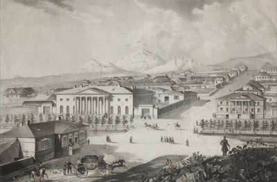 Vista del hotel y el centro de Pyatigorsk, mediados del siglo XIX de Karl Petrovich Beggrov