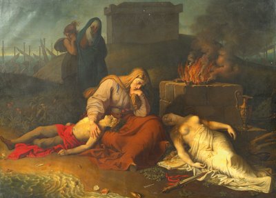 Hecabe con los cadáveres de sus hijos Polyxena y Polydoros en la tumba de Aquiles de Karl Russ