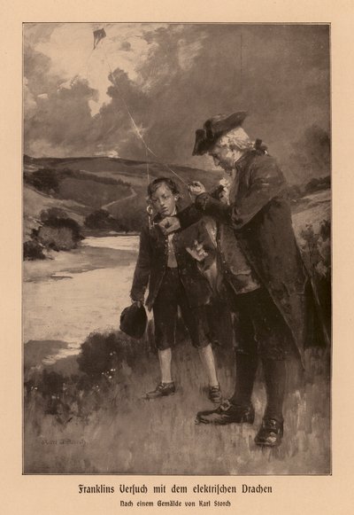 Benjamin Franklin investigando un rayo (litografía) de Karl Storch