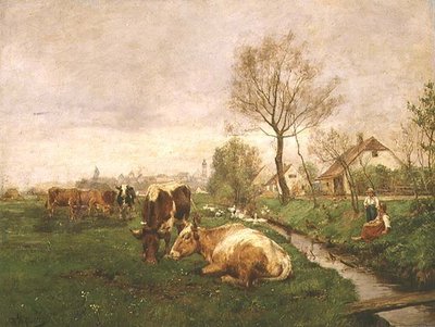 Paisaje con vacas y un arroyo de Karl Stuhlmuller