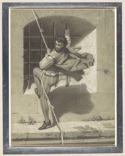 Benvenuto Cellini escapa del Castillo de los Ángeles en Roma con una cuerda de tela atada de Karl Theodor Piloty