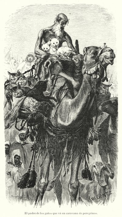 Guardián de gatos viajando con una caravana de peregrinos (litografía) de Karl Wilhelm Gentz