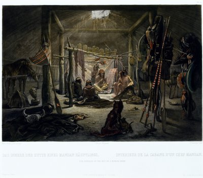 El Interior de la Cabaña de un Jefe Mandan, grabado por Narcisse Edmond Desmadryl de Karl after Bodmer