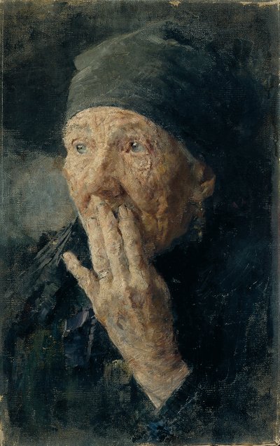 Cabeza de una anciana con la mano sobre la boca de Karoline Kubin