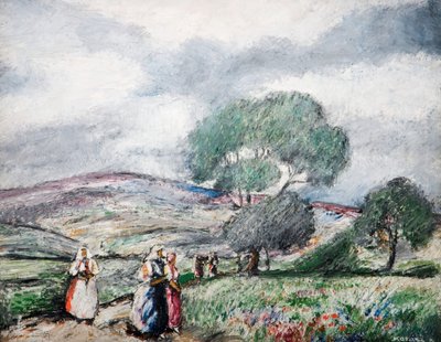 Paisaje tormentoso con figuras azules y rojas, 1940 de Karoly Kotasz