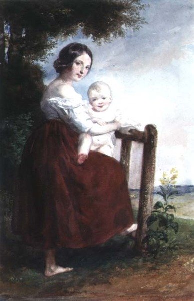 Niña sosteniendo un bebé: Fondo de paisaje de Karoly or Charles Brocky