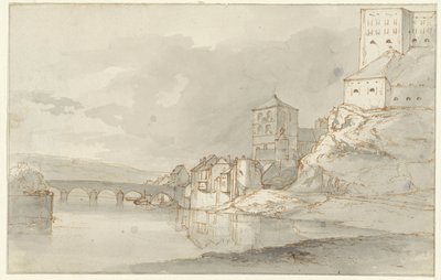 Vista del río con puente arqueado y fortificaciones en la orilla derecha de Kasparus Karsen (possibly)