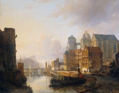 Vista imaginaria de una ciudad ribereña con la catedral de Aquisgrán de Kasparus Karsen (signed by artist)