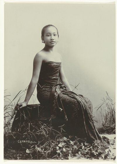 estudio, retrato, de, un, javanés, mujer Retrato de estudio de una joven javanesa sentada en el tronco de un árbol de Kassian Cephas