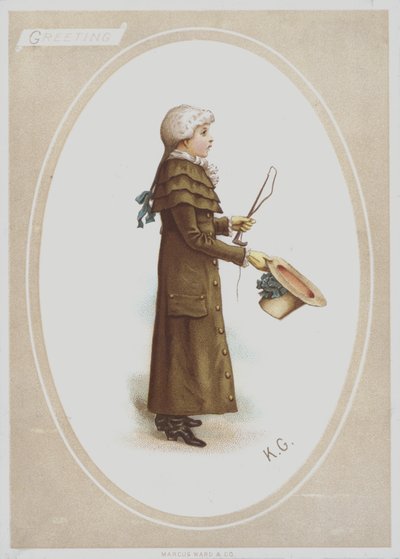 Niño con abrigo largo marrón, con peluca, sosteniendo sombrero y látigo de caza de Kate (after) Greenaway