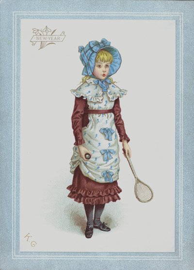 Niña con vestido y gorro, sosteniendo volante y raqueta de Kate (after) Greenaway