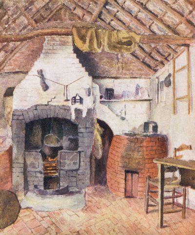 En la cabaña de los Chappell en Rolleston-La cocina (litografía en color) de Kate (after) Greenaway