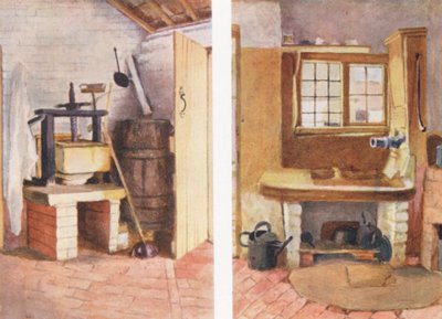 The Kitchen Pump and Old Cheese Press, Rolleston (litografía en color) de Kate (after) Greenaway