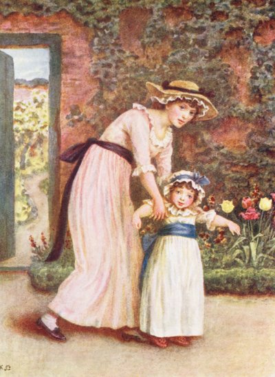 Dos niñas en un jardín (litografía en color) de Kate (after) Greenaway
