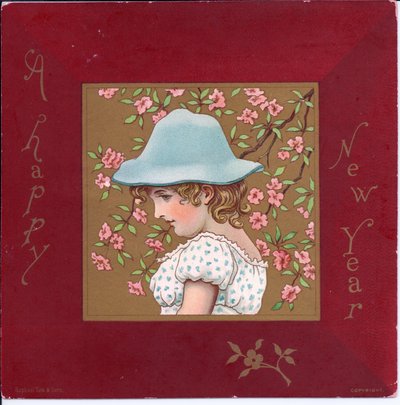 Tarjeta navideña victoriana de una niña con ropa de la regencia sosteniendo una canasta de flores, c.1880 de Kate Greenaway
